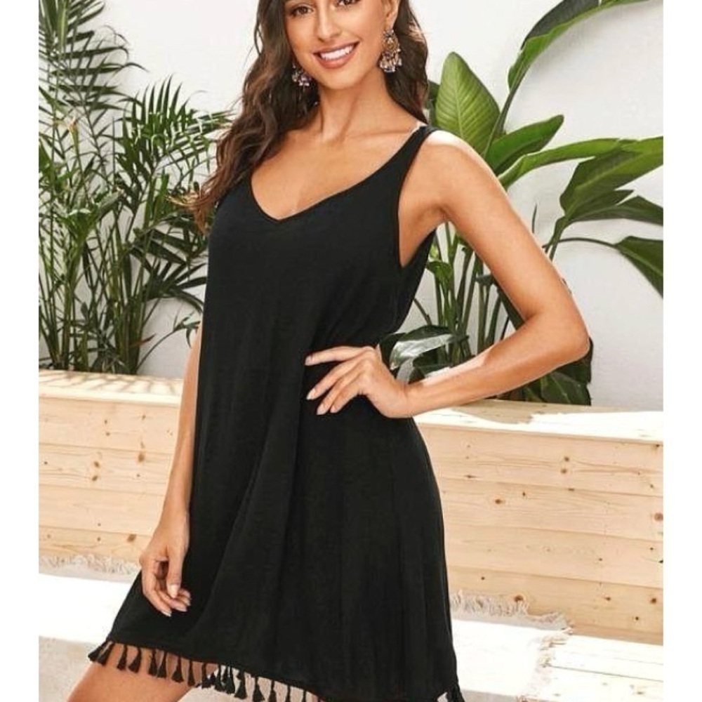 Oversized sleeveless little black dress M Shein FP vibes fringe beach loose fit